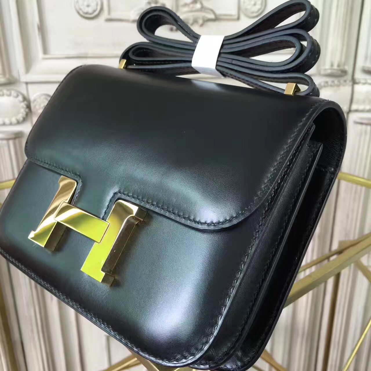 Hermes original box leather constance bag C024 black