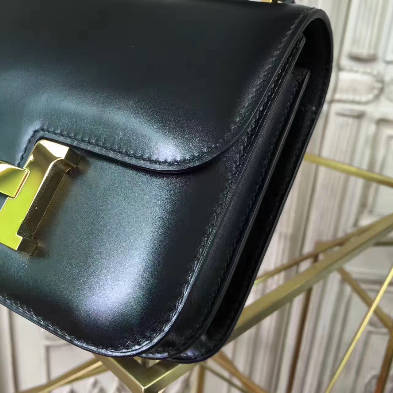 Hermes original box leather constance bag C024 black