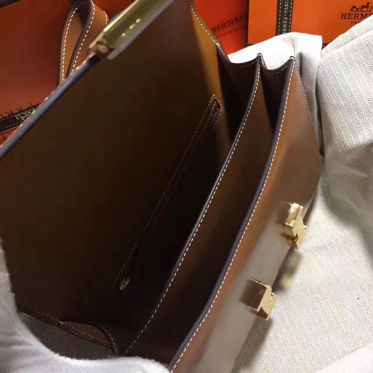 Hermes original box leather constance bag C024 coffee