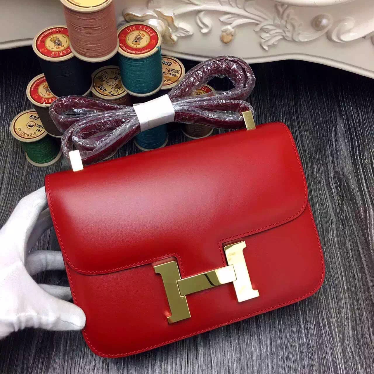 Hermes original box leather constance bag C024 red