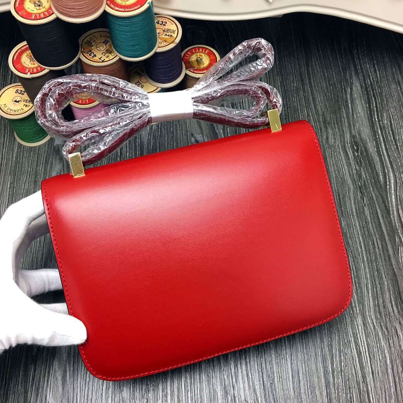 Hermes original box leather constance bag C024 red