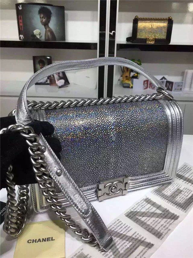 CC original genuine stingray skin boy bag A67086 silver