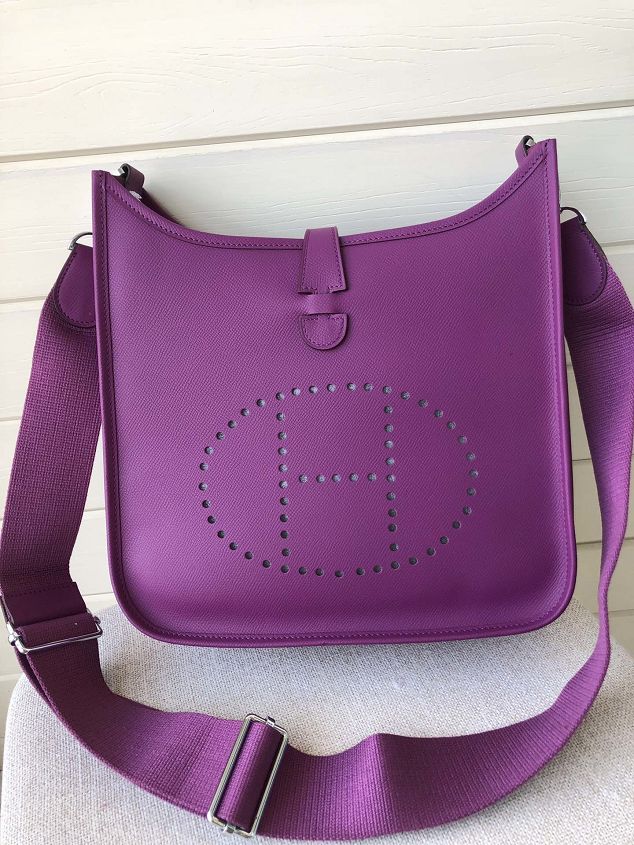 Hermes original epsom leather evelyne pm shoulder bag E29 purple