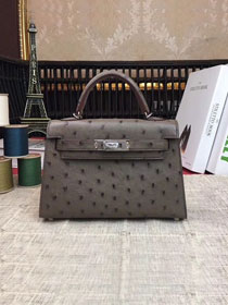 Hermes handmade genuine 100% ostrich leather kelly 19 bag K019 dark grey