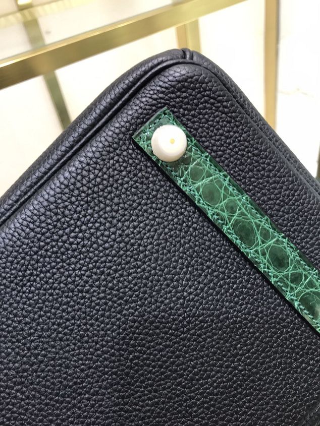 Hermes handmade original crocodile leather&calfskin birkin bag BK0035 black&green