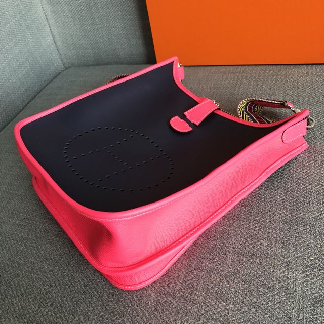 Hermes original epsom leather evelyne pm shoulder bag E29 black&pink