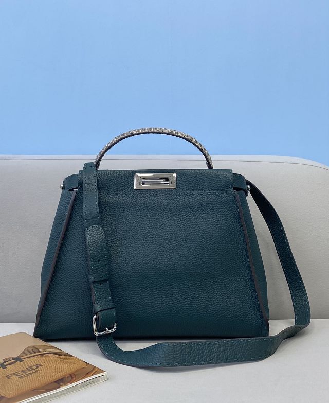 Fendi original grained calfskin medium peekaboo bag 8BN240-3 dark green