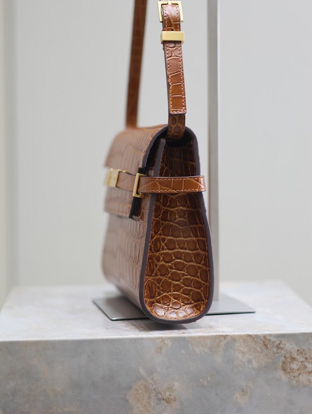 YSL original crocodile calfskin manhattan small flap bag 675626 brown
