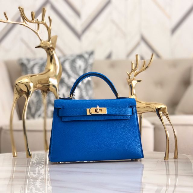 Hermes original chevre mini kelly 19 bag KG0019 blue hydra 