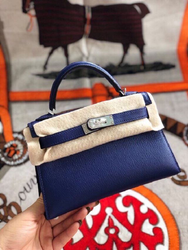 Hermes original chevre mini kelly 19 bag KG0019 blue electrique