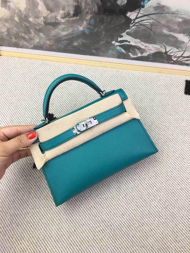 Hermes original chevre mini kelly 19 bag KG0019 blue paon