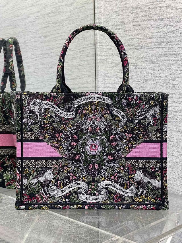 Dior original cotton medium book tote bag M1296 black&pink