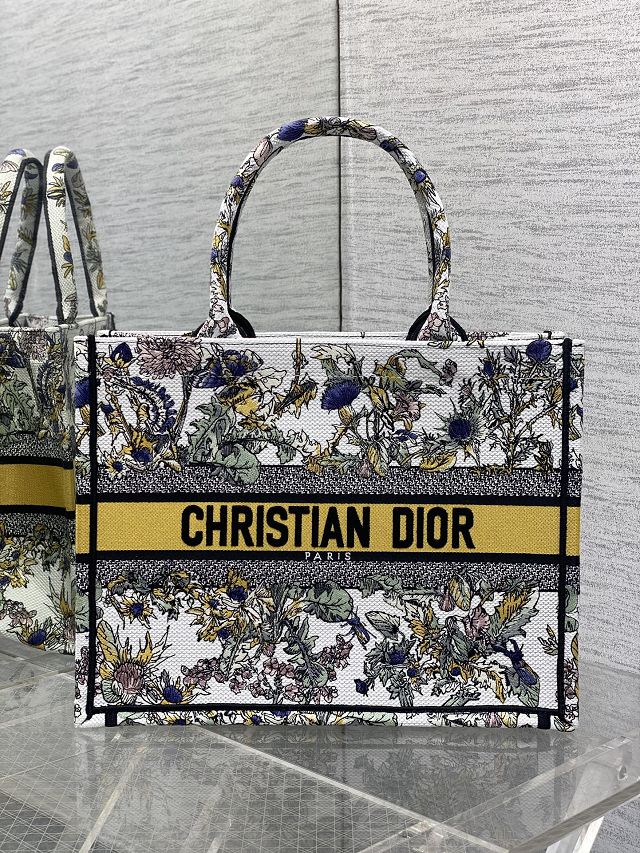 Dior original cotton medium book tote bag M1296 white&yellow