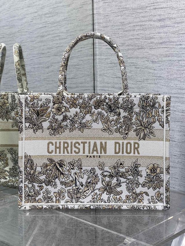 Dior original cotton medium book tote bag M1296 white&gold