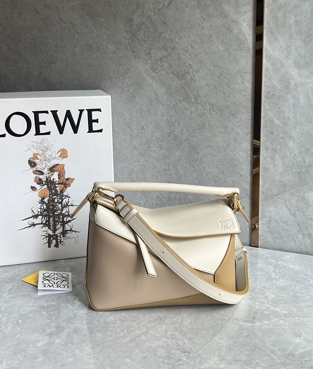 Loewe original calfskin small puzzle bag A510P60 white&apricot&beige