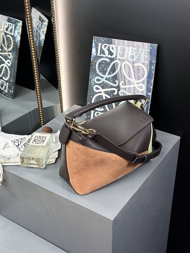 Loewe original suede&calfskin small puzzle bag A510P60 dark coffee