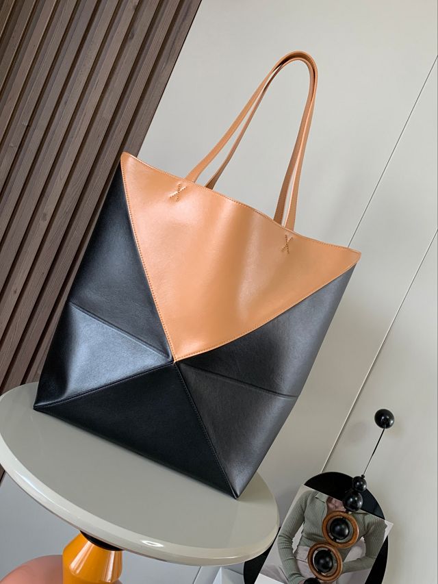 Loewe original calfskin large puzzle fold tote B933Q18 black&tan