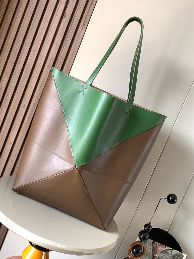 Loewe original calfskin large puzzle fold tote B933Q18 brown&green