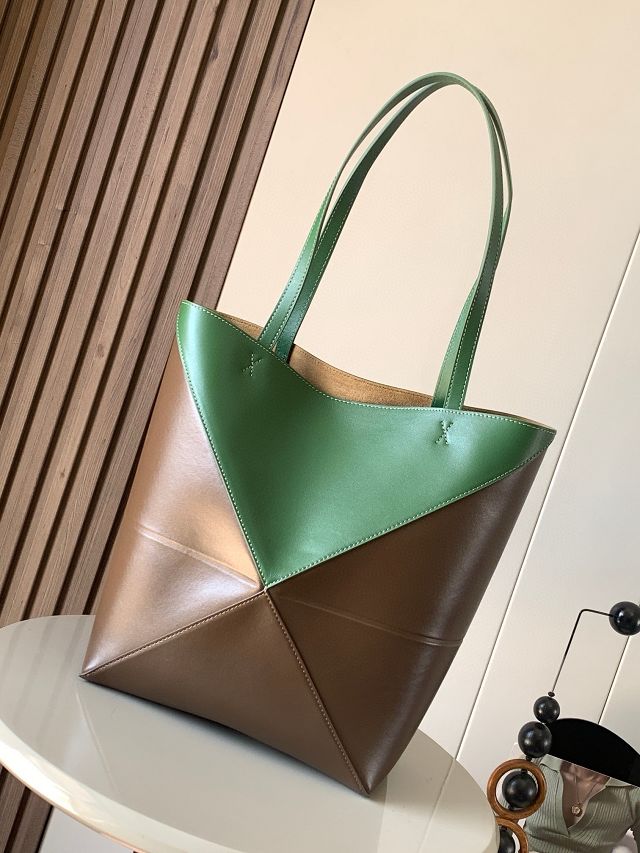 Loewe original calfskin medium puzzle fold tote A657G50 brown&green