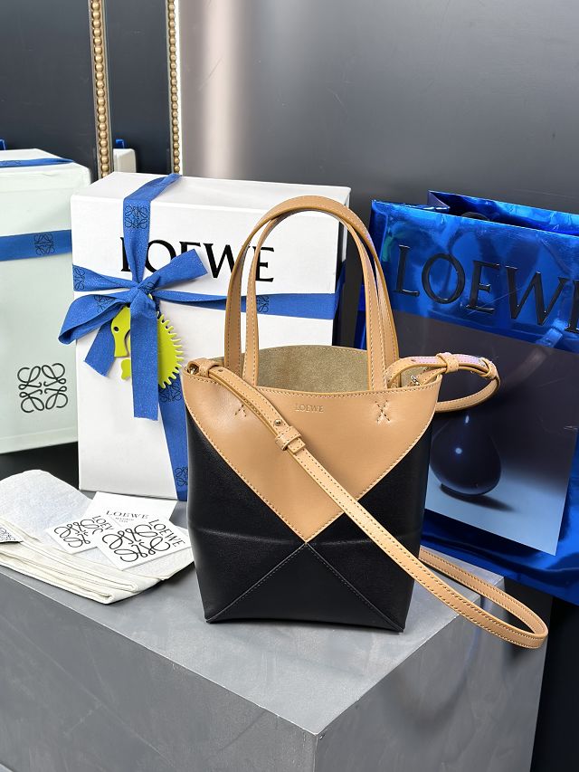 Loewe original calfskin mini puzzle fold tote A657V25 black&tan