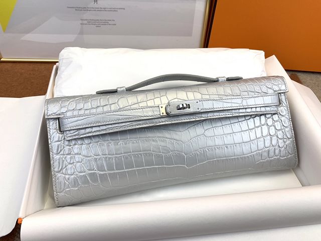 Hermes 100% genuine crocodile leather kelly cut 31 clutch C310 silver