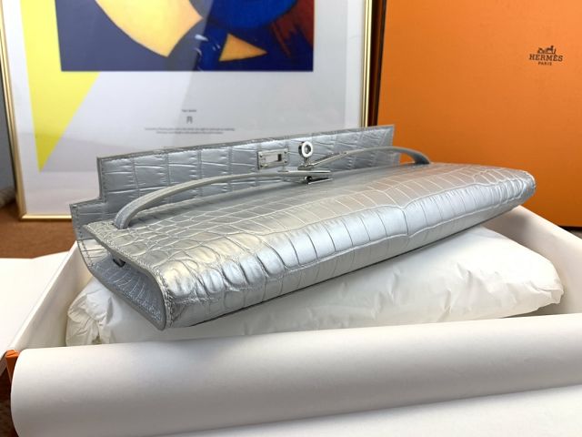 Hermes 100% genuine crocodile leather kelly cut 31 clutch C310 silver