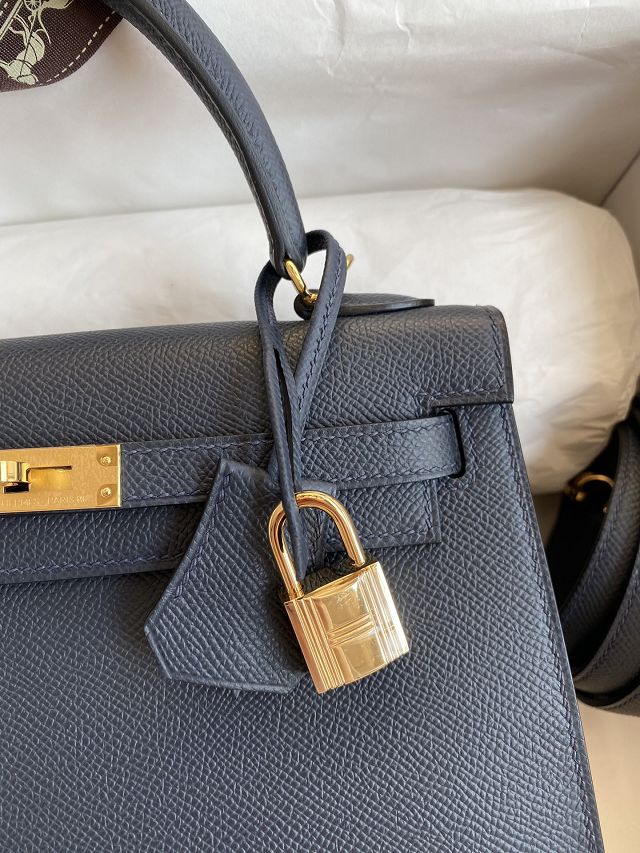 Hermes original epsom leather kelly 28 bag K28-2 blue nuit