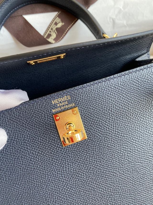 Hermes original epsom leather kelly 28 bag K28-2 blue nuit