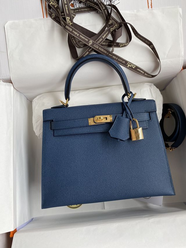 Hermes original epsom leather kelly 25 bag K25-1 deep blue