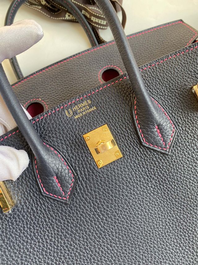 Hermes original togo leather birkin 35 bag H35-1 blue nuit&fuschia