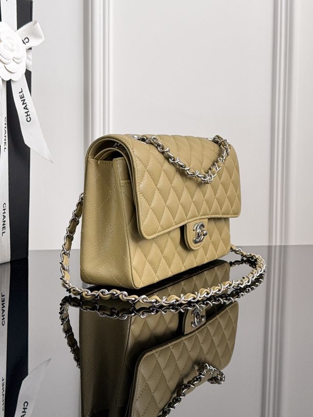 CC original grained calfskin medium flap bag A01112 light khaki