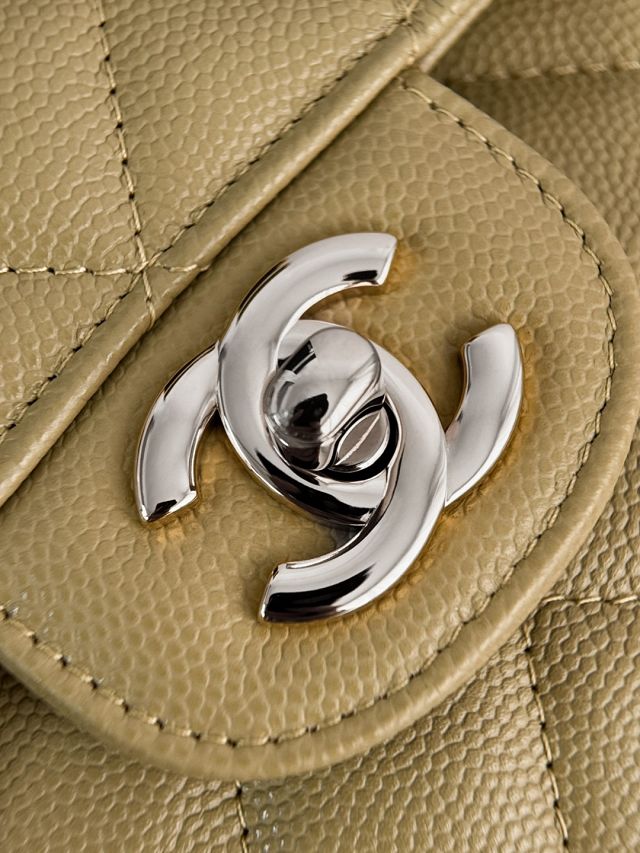 CC original grained calfskin medium flap bag A01112 light khaki