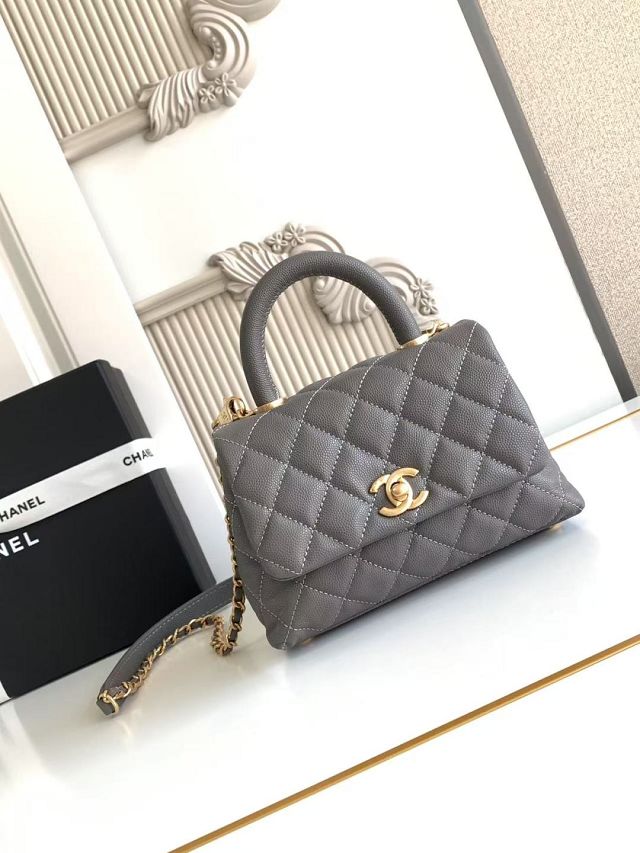 CC original grained calfskin mini coco handle bag AS2215 grey