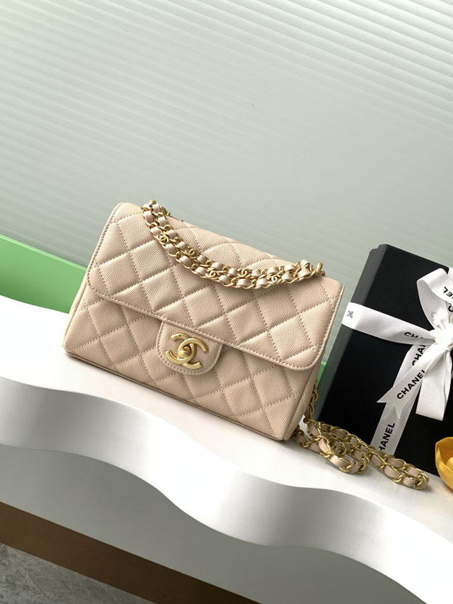 CC original grained calfskin small flap bag AS5238 apricot