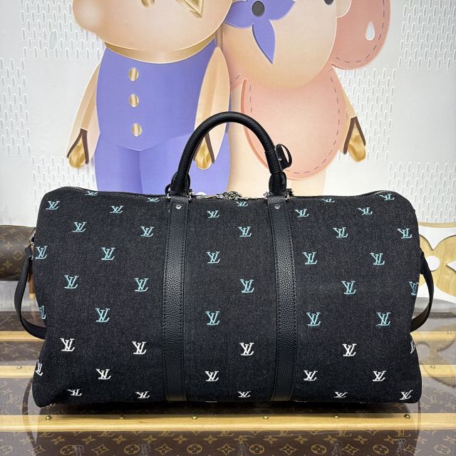 Louis vuitton monogram denim keepall 50 M13966 black