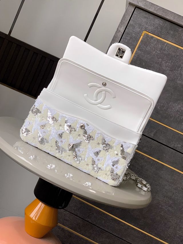 CC original sequins medium flap bag A01112 white