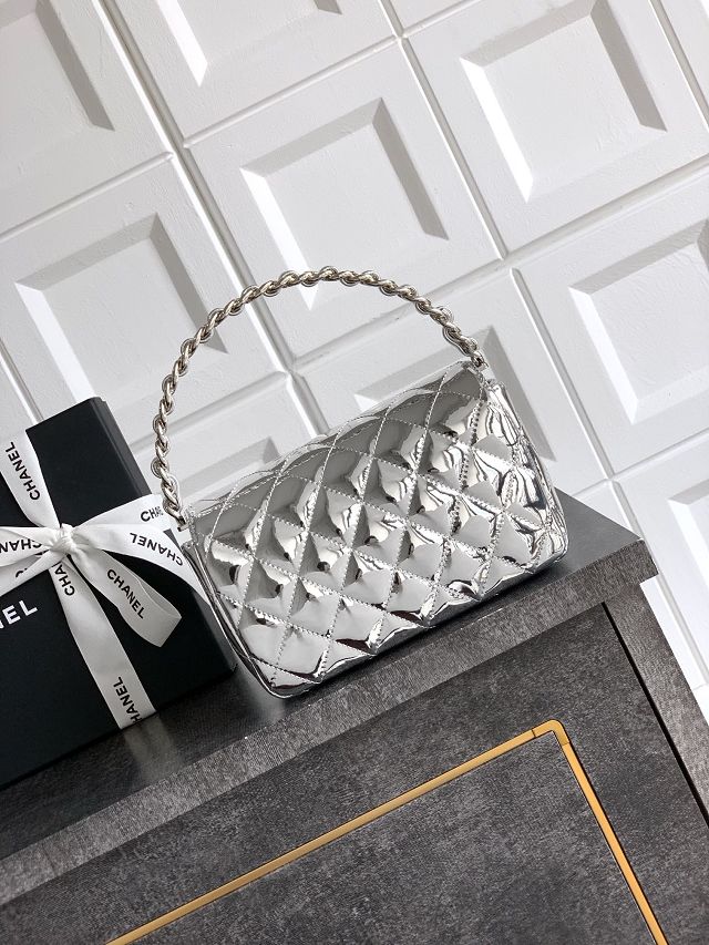 CC original patent calfskin top handle clutch AP3240 silver