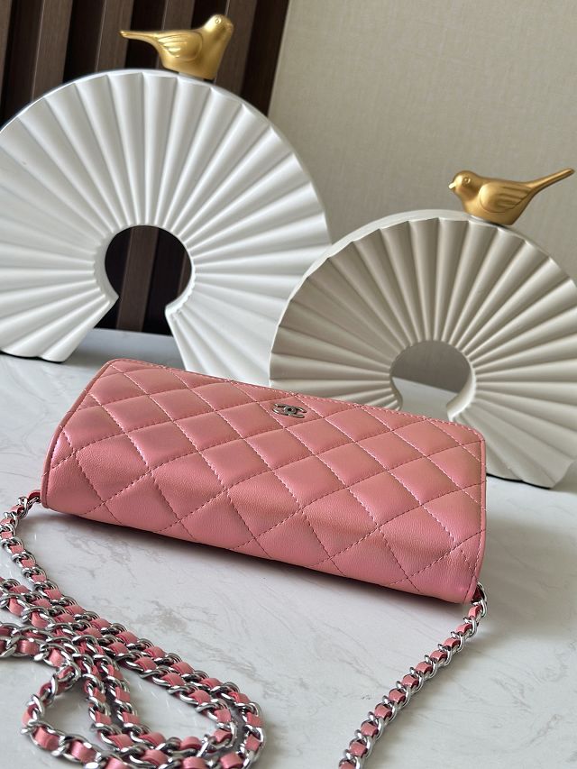 CC original iridescent lambskin wallet on chain AP0250 pink