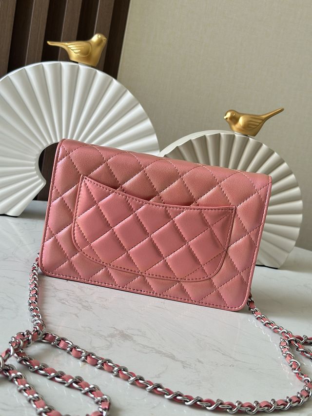 CC original iridescent lambskin wallet on chain AP0250 pink