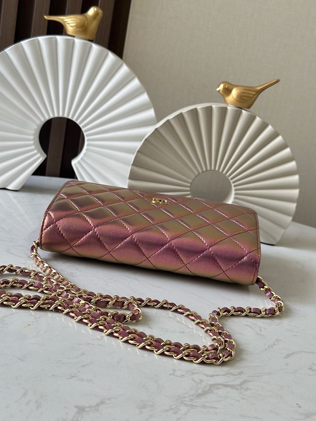 CC original iridescent lambskin wallet on chain AP0250 purple