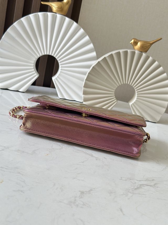 CC original iridescent lambskin wallet on chain AP0250 purple
