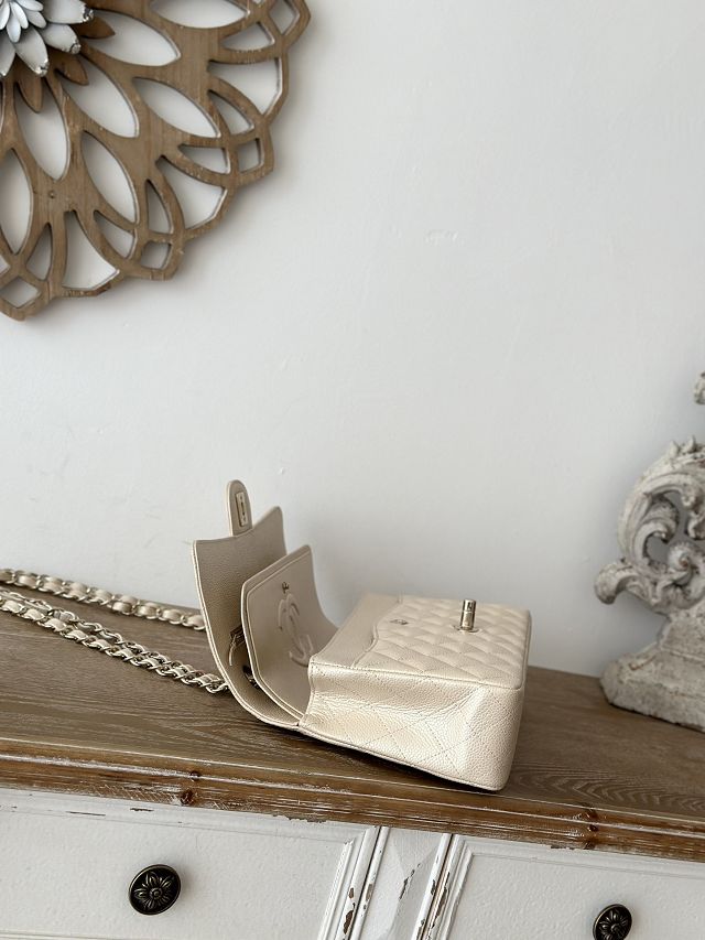 CC original iridescent grained calfskin medium flap bag A01112 beige