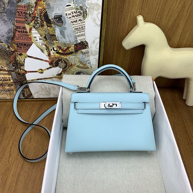 Hermes original chevre mini kelly 19 bag KG0019 blue zephyr