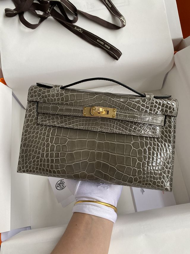 Hermes handmade genuine crocodile leather mini kelly 22 clutch K220 