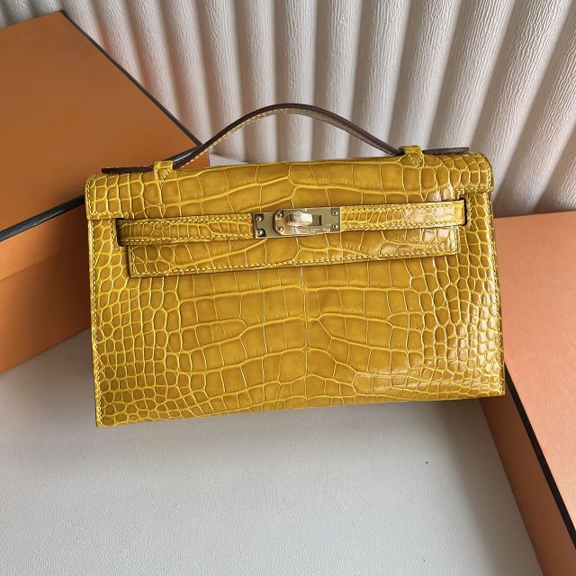Hermes handmade genuine crocodile leather mini kelly 22 clutch K220 amber