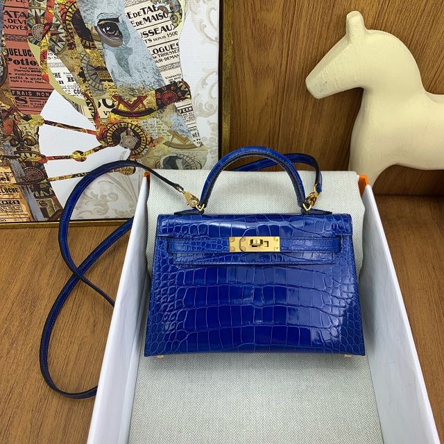 Hermes handmade genuine crocodile leather mini kelly bag K0019 blue zellige