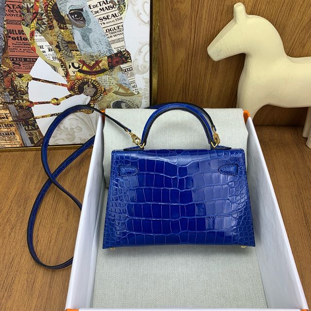 Hermes handmade genuine crocodile leather mini kelly bag K0019 blue zellige