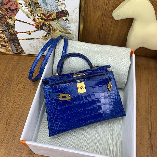 Hermes handmade genuine crocodile leather mini kelly bag K0019 blue zellige