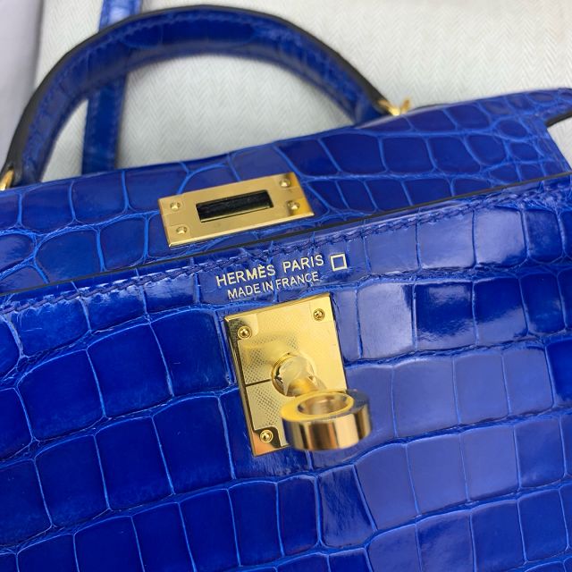 Hermes handmade genuine crocodile leather mini kelly bag K0019 blue zellige