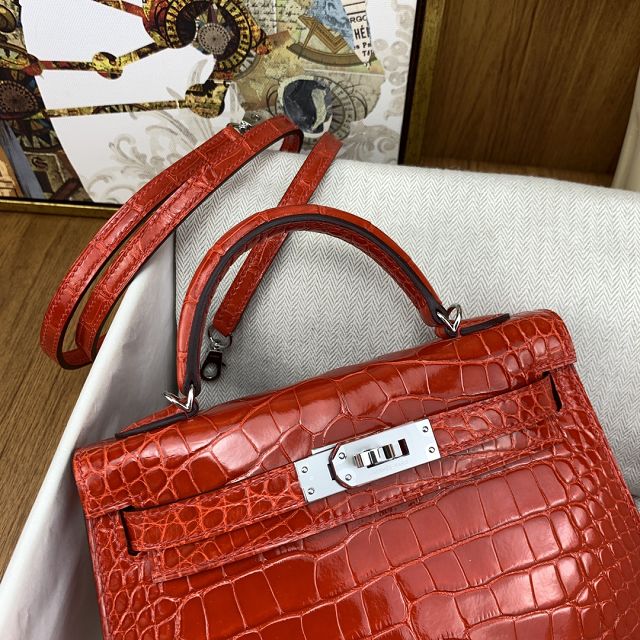 Hermes handmade genuine crocodile leather mini kelly bag K0019 braise